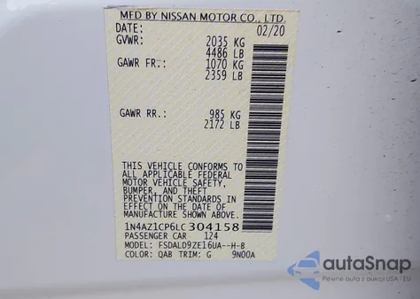 2020 Nissan Leaf Sv 40 Kwh z USA, uszkodzony, nr VIN 1N4AZ1CP6LC304158